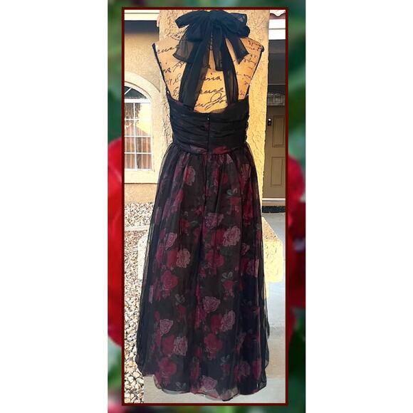 Lulus Striking Scene Black Floral Mesh Ruched Tie-Strap Midi Dress Size XL - Picture 4 of 11